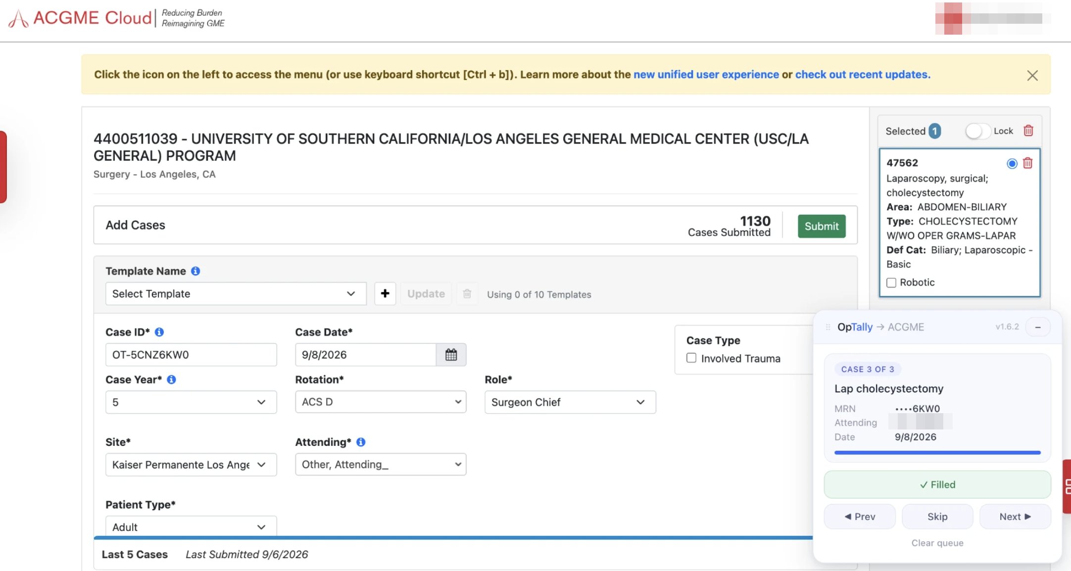 ACGME case entry filled by the OpTally panel