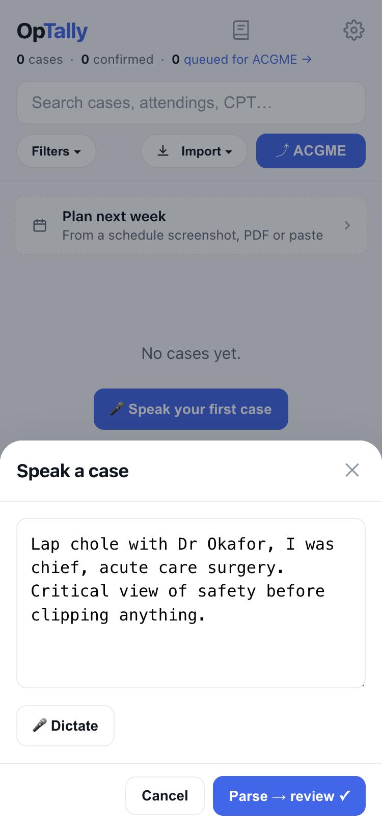Dictation screen with spoken text