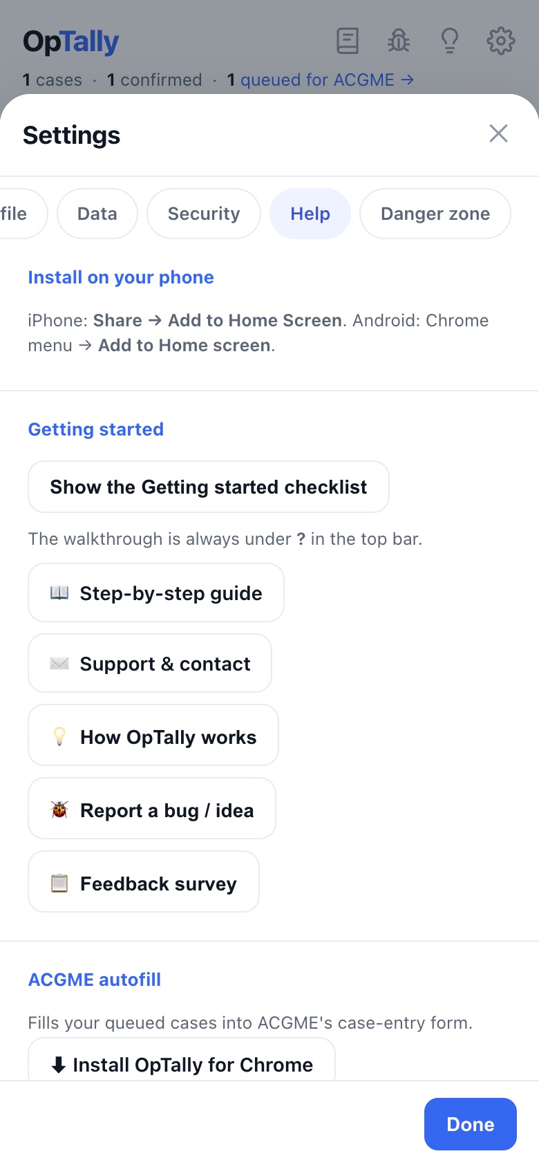 Settings → Help on a phone