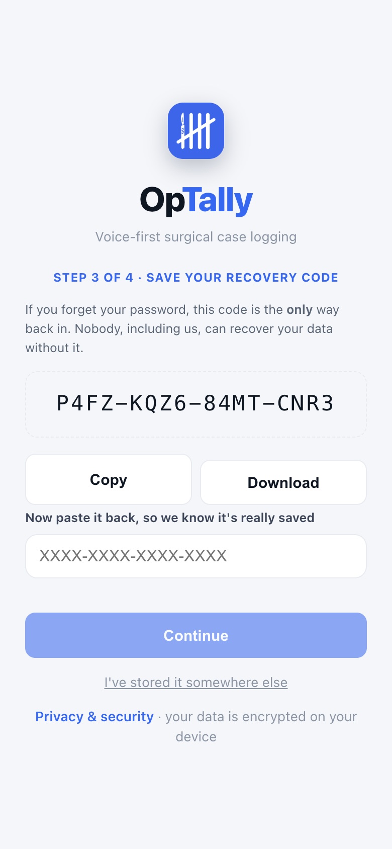 Sign-up step 3: recovery code